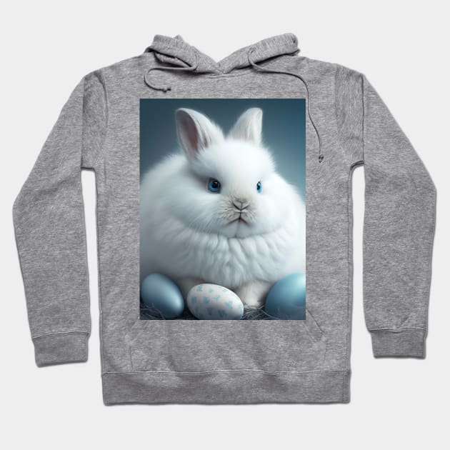 Cute White Fluffy Bunny with Blue Eyes and Easter Eggs Hoodie by mw1designsart